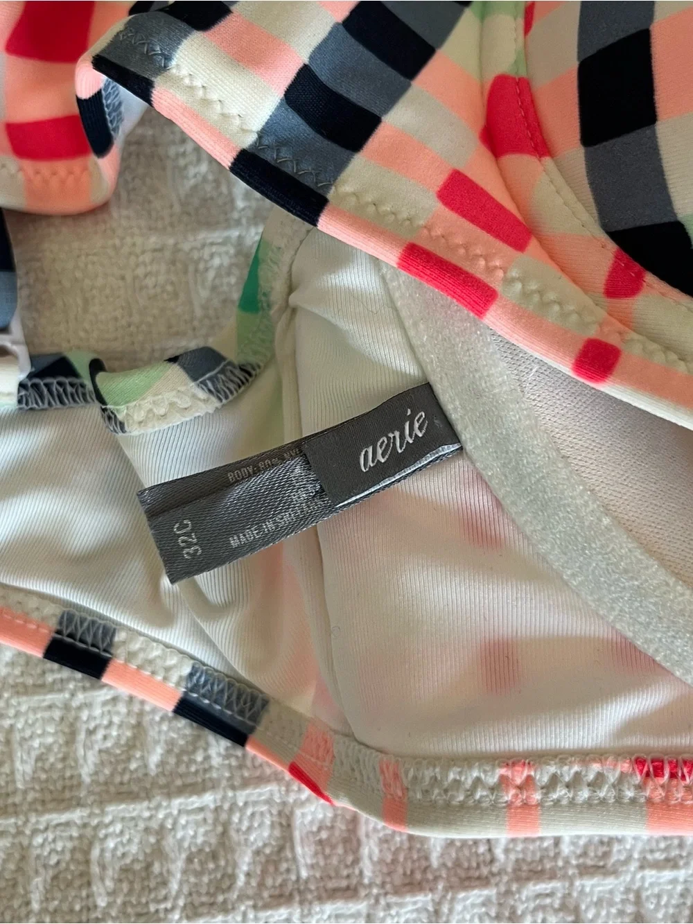 aerie Pink, Mint & Black Plaid High-Waist Swim Bikini medium 32C